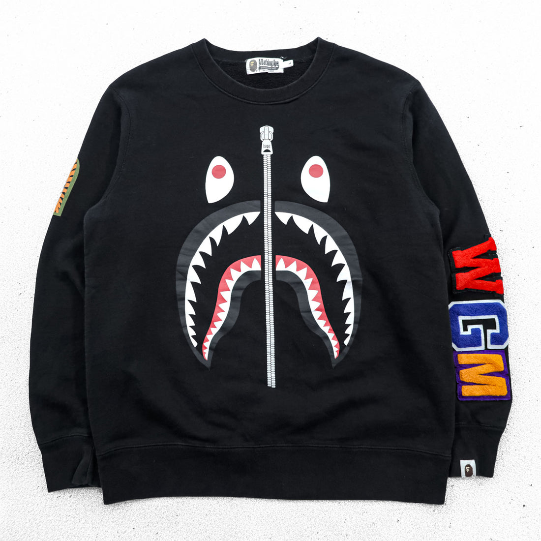 A BATHING APE 日本製 シャーク スウェット トレーナー L ブラック WGM パイルワッペン クルーネック 001ZPC201019X