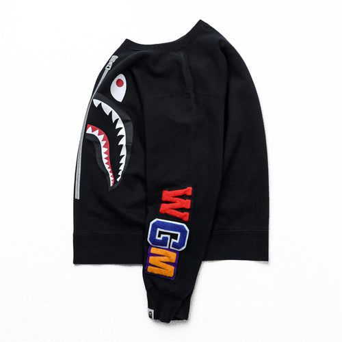 A Bathing Ape BAPE Shark Crewneck Sweatshirt Black WGM Patch Made in Japan Cotton