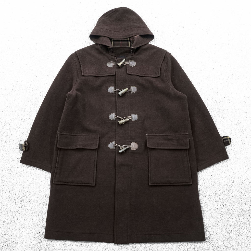 BURBERRY Duffel Coat, Size L, Brown, Melton Wool, Vintage, Checked Lining, Chin Strap