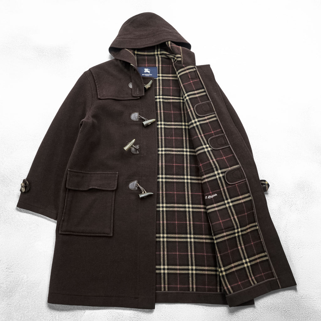 BURBERRY Duffel Coat, Size L, Brown, Melton Wool, Vintage, Checked Lining, Chin Strap