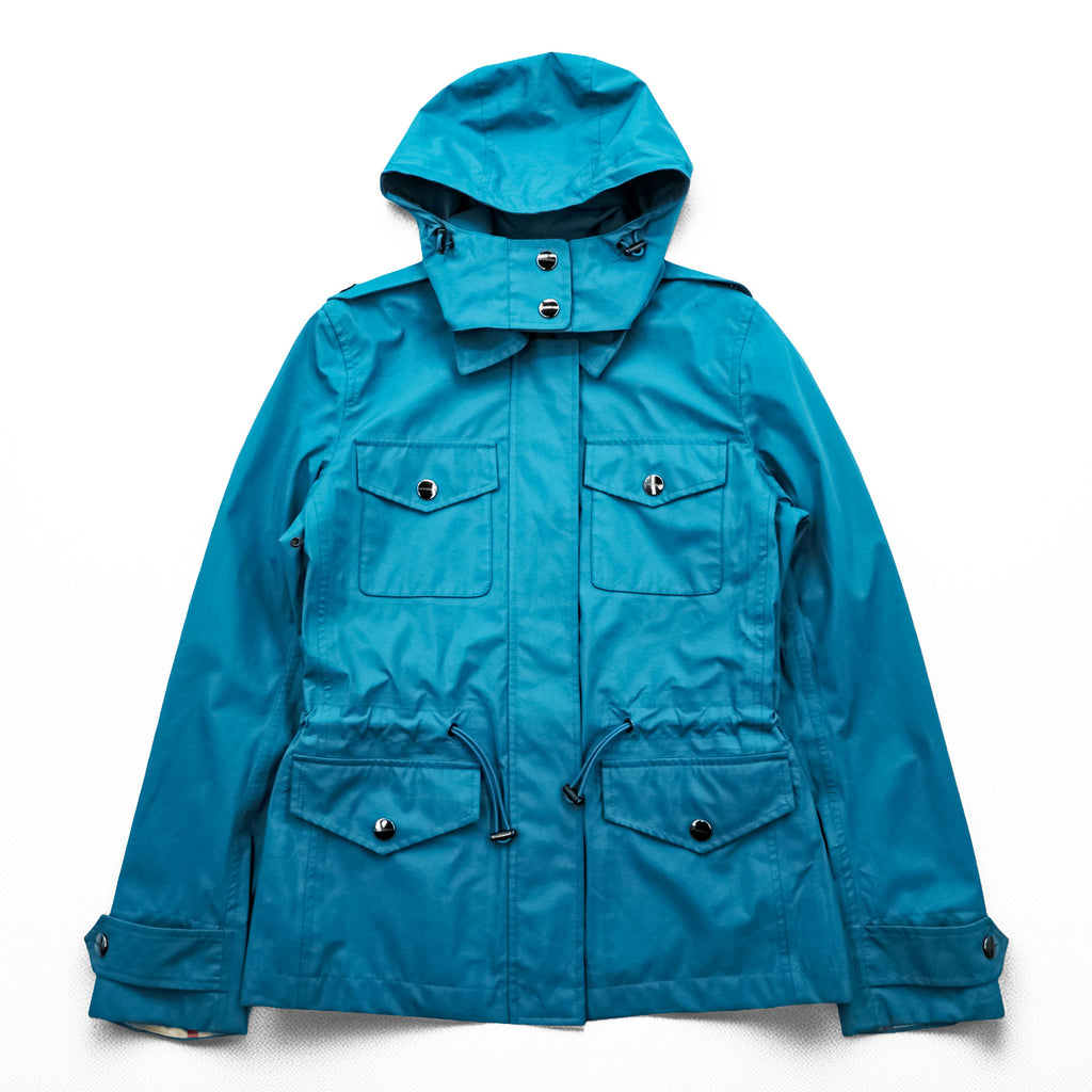 BURBERRY Mountain Parka Shell Rain Jacket, Size S, Blue, Waterproof, Detachable Hoodie, Drawcord, Checked Panel