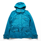 BURBERRY Mountain Parka Shell Rain Jacket, Size S, Blue, Waterproof, Detachable Hoodie, Drawcord, Checked Panel