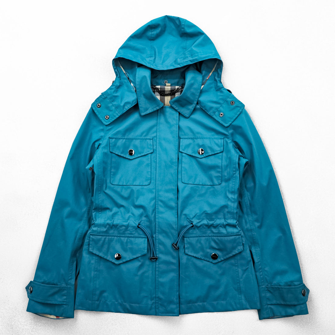 BURBERRY Mountain Parka Shell Rain Jacket, Size S, Blue, Waterproof, Detachable Hoodie, Drawcord, Checked Panel