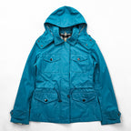 BURBERRY Mountain Parka Shell Rain Jacket, Size S, Blue, Waterproof, Detachable Hoodie, Drawcord, Checked Panel