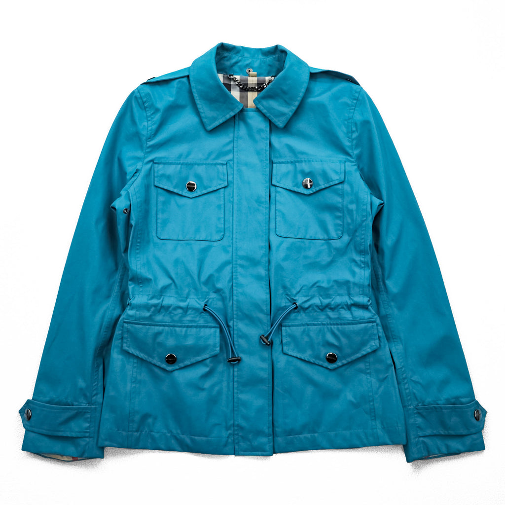 BURBERRY Mountain Parka Shell Rain Jacket, Size S, Blue, Waterproof, Detachable Hoodie, Drawcord, Checked Panel