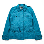 BURBERRY Mountain Parka Shell Rain Jacket, Size S, Blue, Waterproof, Detachable Hoodie, Drawcord, Checked Panel