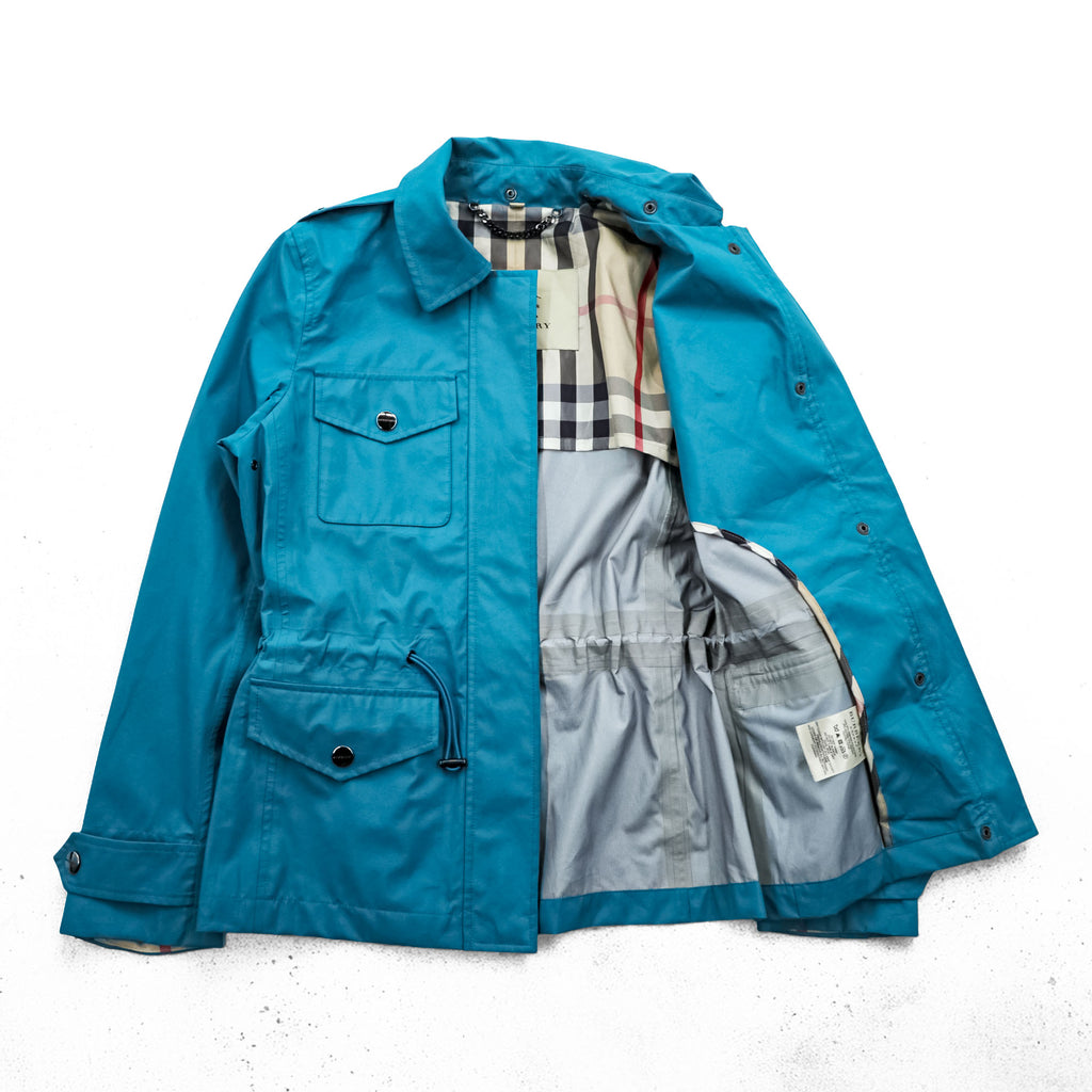 BURBERRY Mountain Parka Shell Rain Jacket, Size S, Blue, Waterproof, Detachable Hoodie, Drawcord, Checked Panel