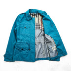 BURBERRY Mountain Parka Shell Rain Jacket, Size S, Blue, Waterproof, Detachable Hoodie, Drawcord, Checked Panel