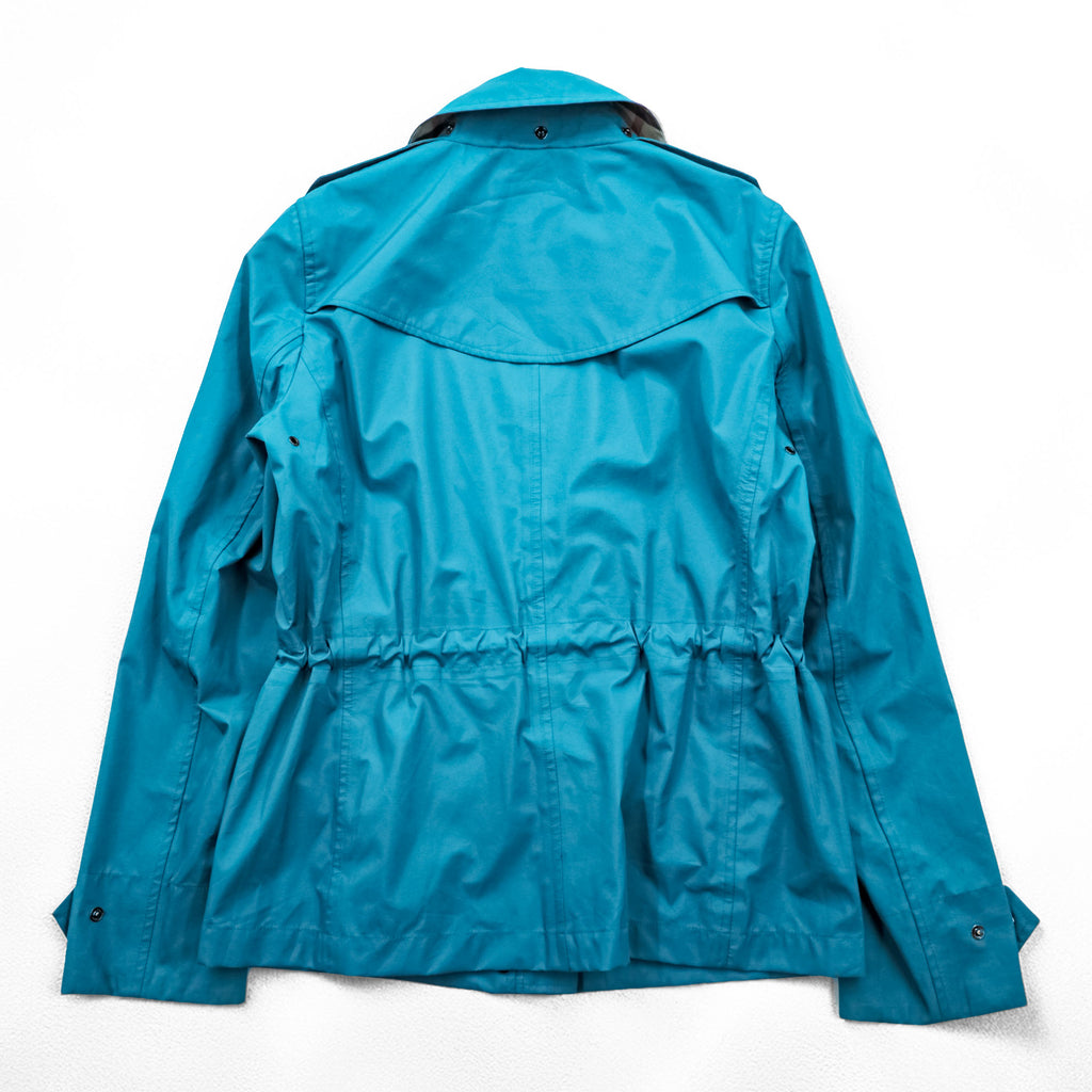 BURBERRY Mountain Parka Shell Rain Jacket, Size S, Blue, Waterproof, Detachable Hoodie, Drawcord, Checked Panel
