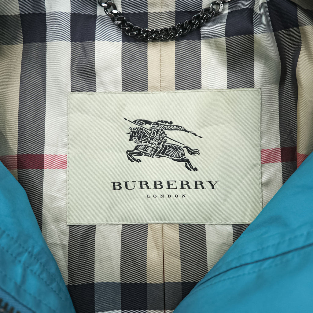 BURBERRY Mountain Parka Shell Rain Jacket, Size S, Blue, Waterproof, Detachable Hoodie, Drawcord, Checked Panel