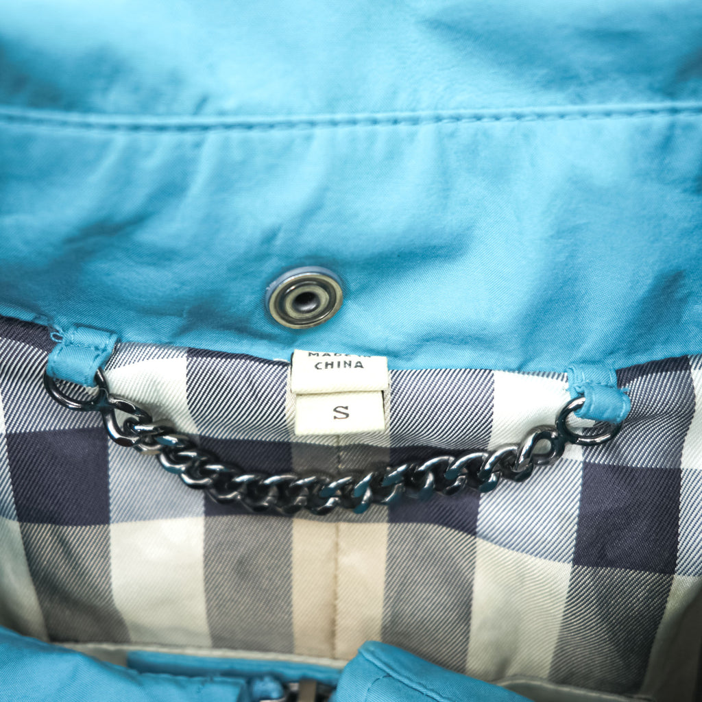 BURBERRY Mountain Parka Shell Rain Jacket, Size S, Blue, Waterproof, Detachable Hoodie, Drawcord, Checked Panel