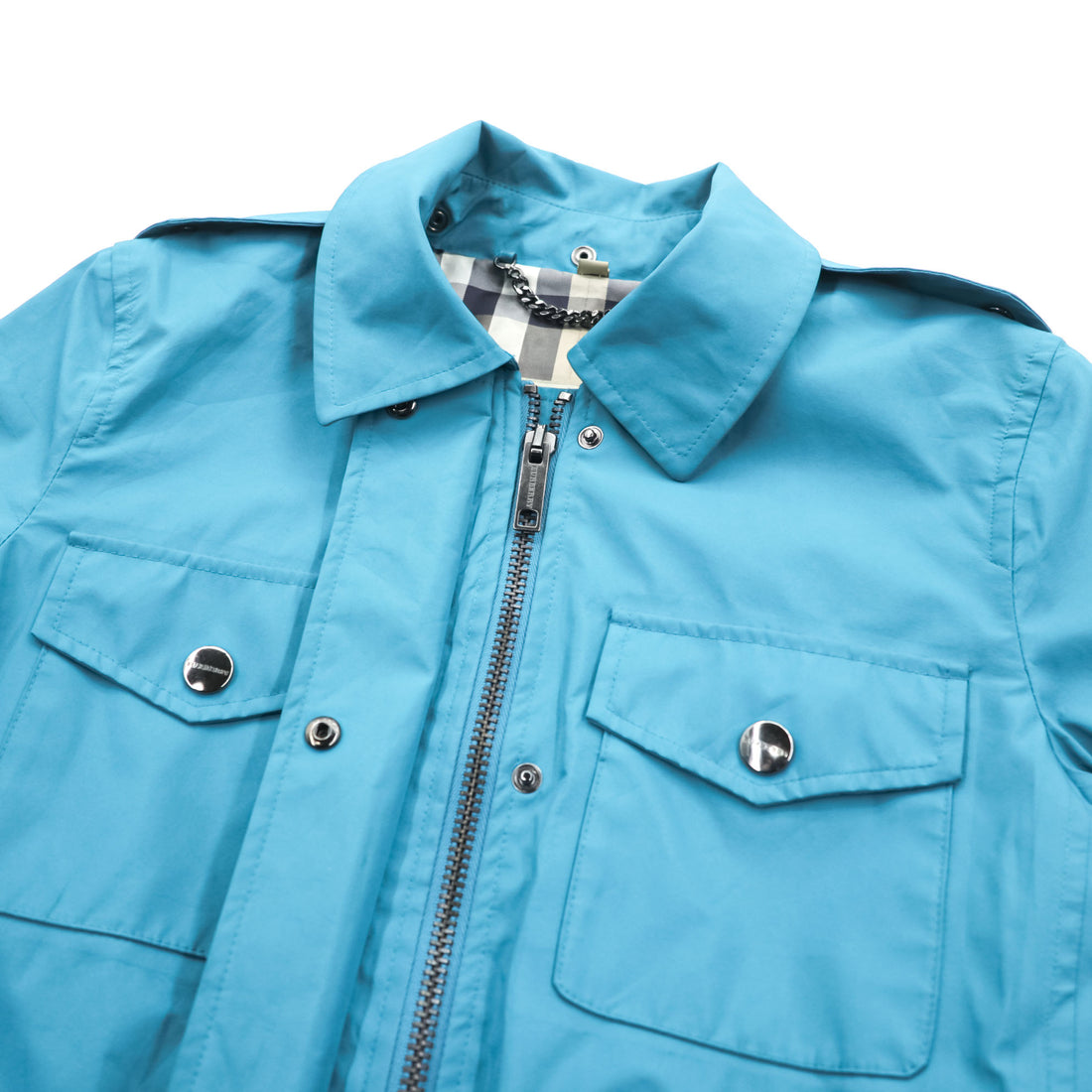 BURBERRY Mountain Parka Shell Rain Jacket, Size S, Blue, Waterproof, Detachable Hoodie, Drawcord, Checked Panel