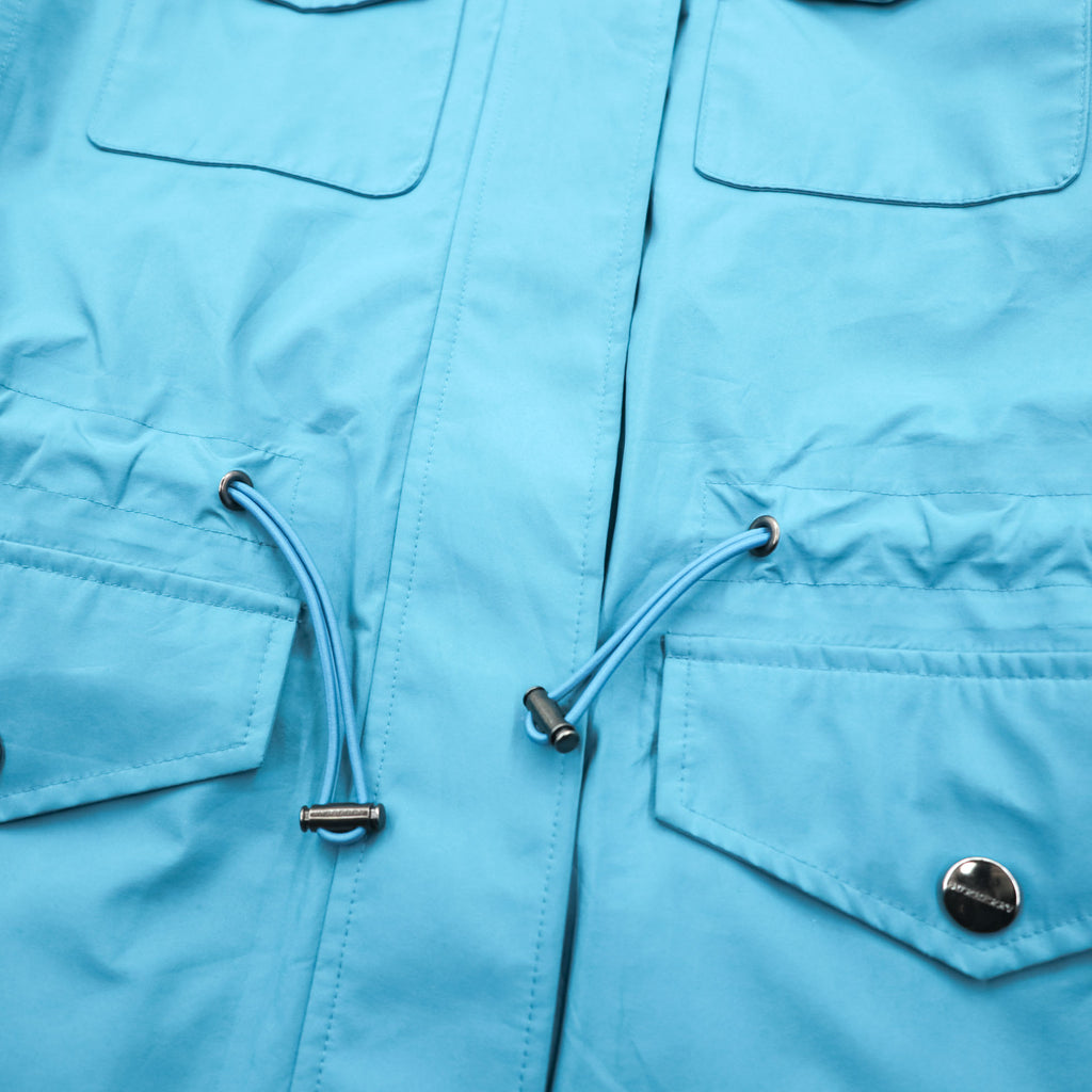 BURBERRY Mountain Parka Shell Rain Jacket, Size S, Blue, Waterproof, Detachable Hoodie, Drawcord, Checked Panel