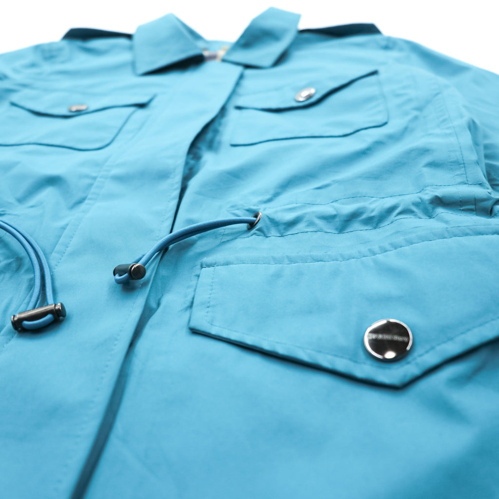 BURBERRY Mountain Parka Shell Rain Jacket, Size S, Blue, Waterproof, Detachable Hoodie, Drawcord, Checked Panel