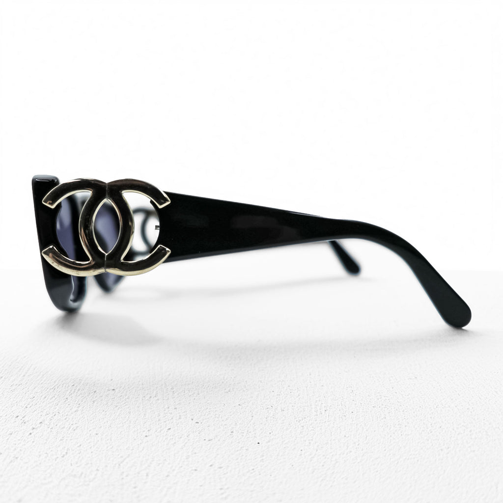 CHANEL CC Logo Sunglasses Black Square Frame Blue Tinted Lenses Silver Hardware Vintage