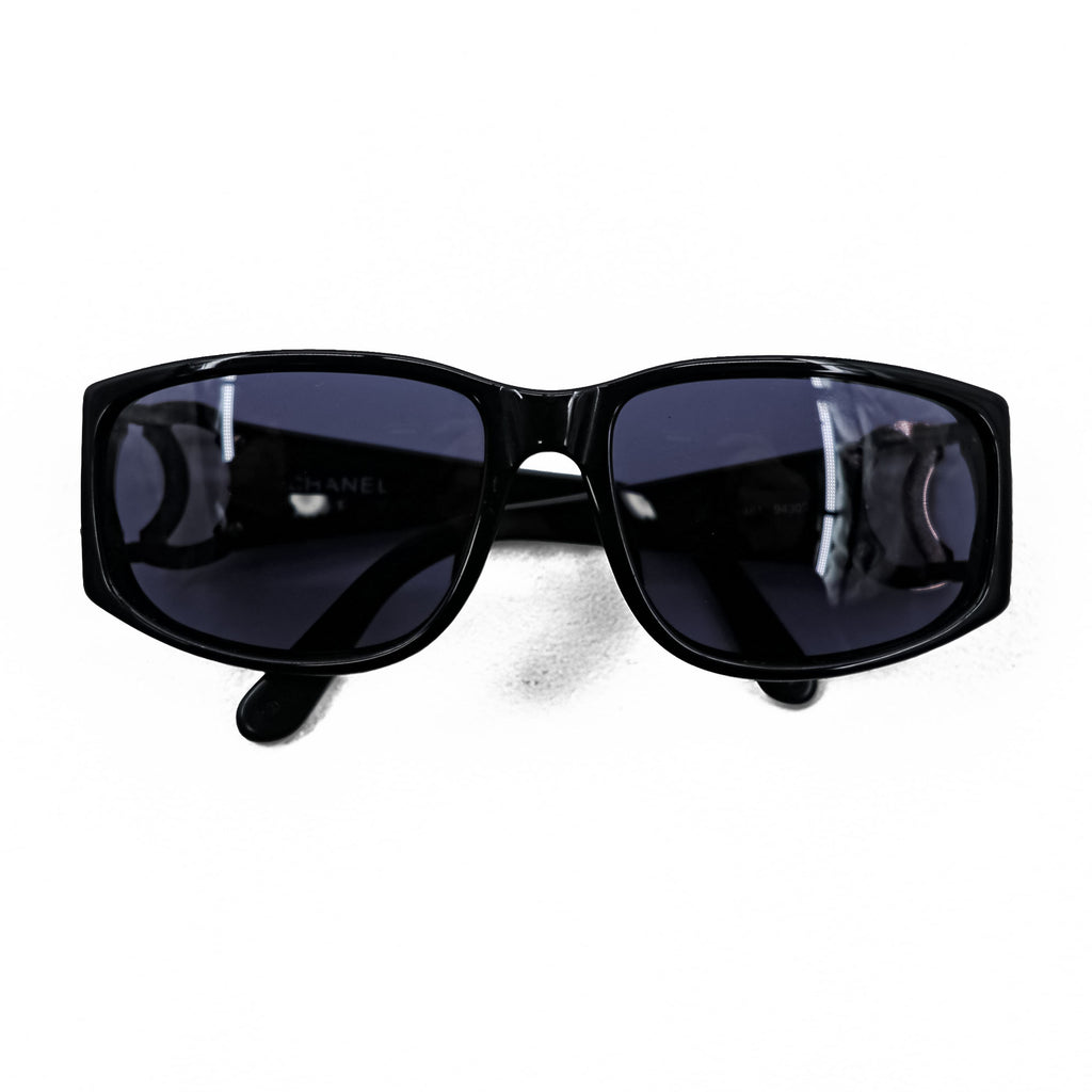 CHANEL CC Logo Sunglasses Black Square Frame Blue Tinted Lenses Silver Hardware Vintage