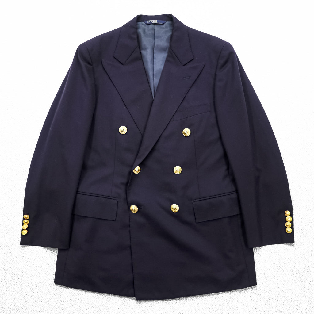 Polo Ralph Lauren 90年代 ヴィンテージ ピークドラペル ダブルブレスト ジャケット ブレザー M ネイビー ギャバジン 金ボタン 紺ブレ テーラード 日本製