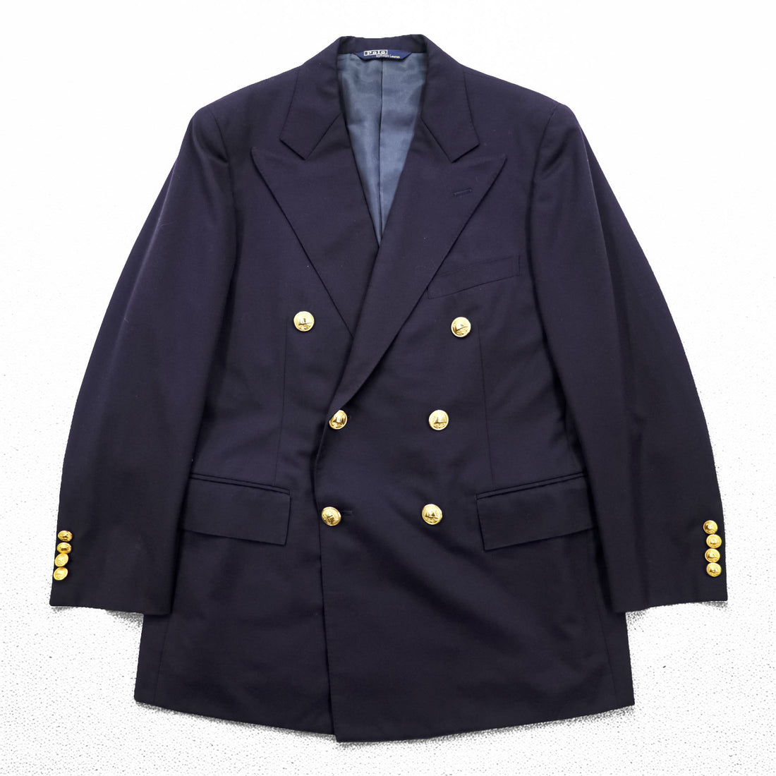 Polo Ralph Lauren 90s Vintage, Made in Japan, Peaked Lapel, Double-Breasted, Tailored Jacket, Blazer, Navy, Size M, Navy Gabardine, Gold Buttons