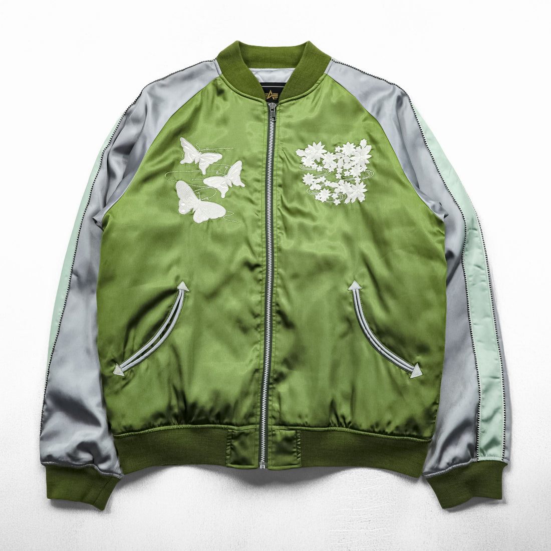 ALPHA INDUSTRIES スカジャン 中綿 スーベニアジャケット L グリーン シルバー 和柄 刺繍 蝶 花 鳥 22801-21