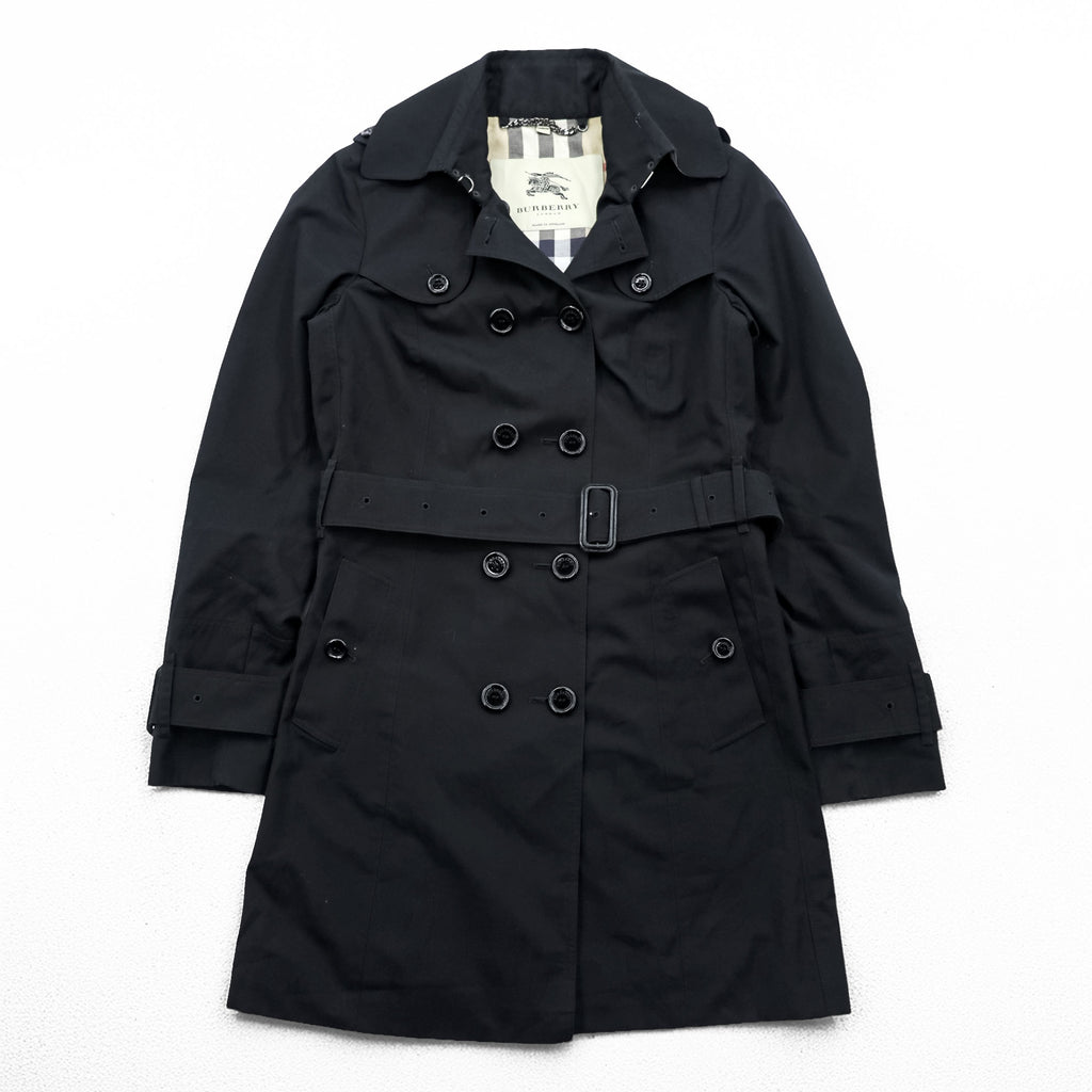 BURBERRY Made in England Trench Coat, Size S, Black, with Belt and Epaulets, Checked Lining