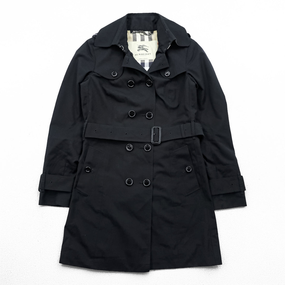 BURBERRY LONDON 英国製 ダブルブレスト トレンチコート S ブラック ベルト付 エポレット 裏地ノバチェック イングランド製