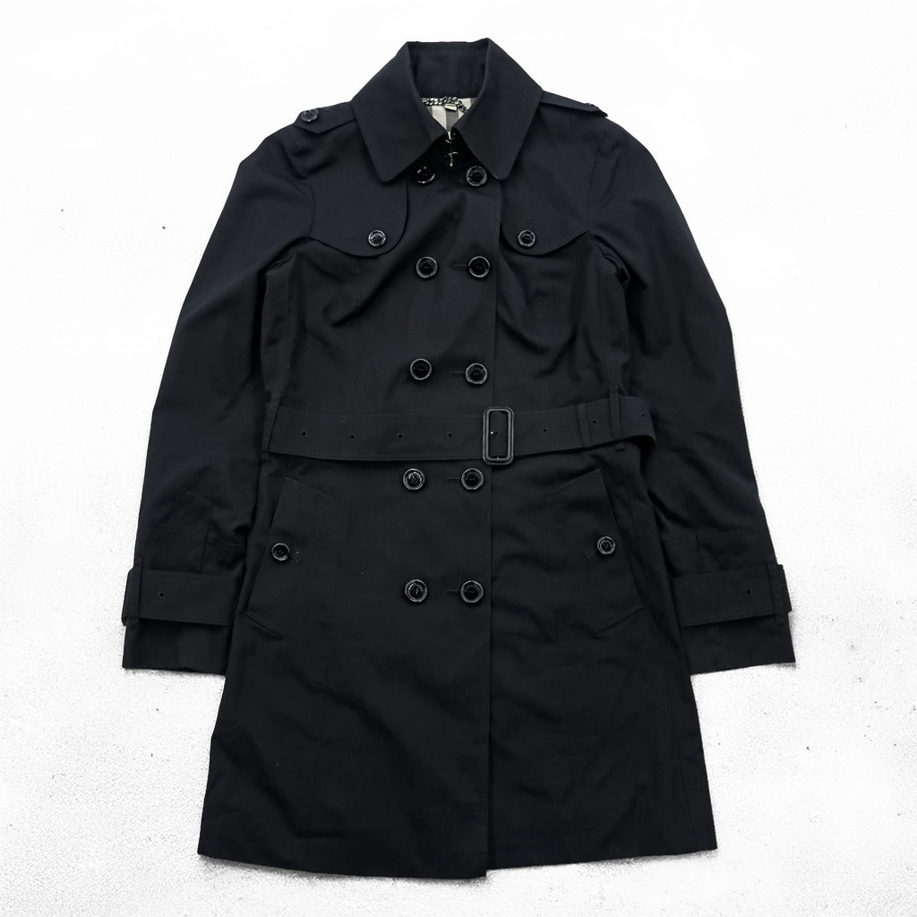 BURBERRY Made in England Trench Coat, Size S, Black, with Belt and Epaulets, Checked Lining