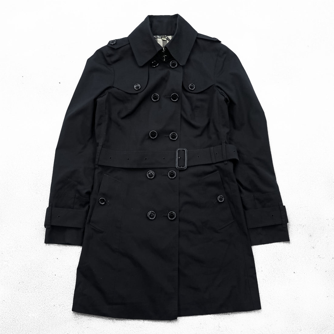 BURBERRY Made in England Trench Coat, Size S, Black, with Belt and Epaulets, Checked Lining