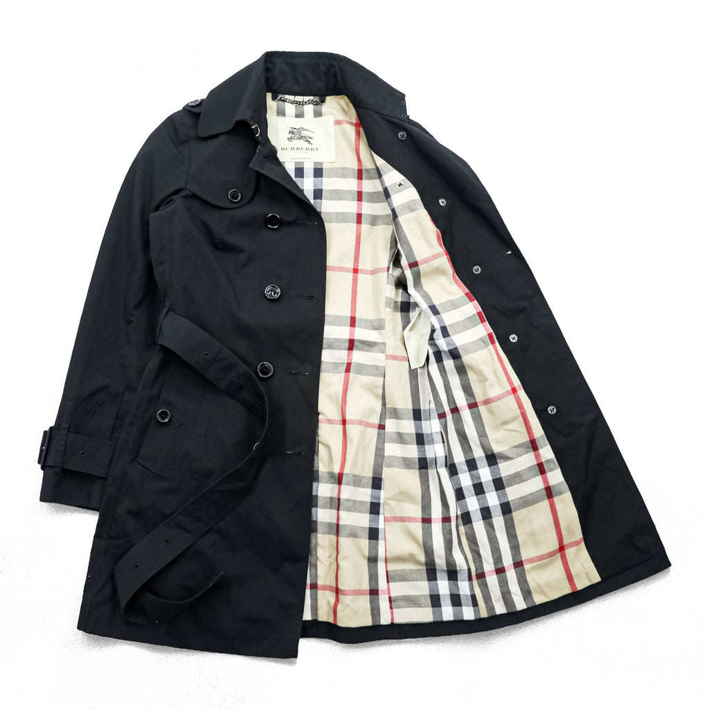 BURBERRY Made in England Trench Coat, Size S, Black, with Belt and Epaulets, Checked Lining