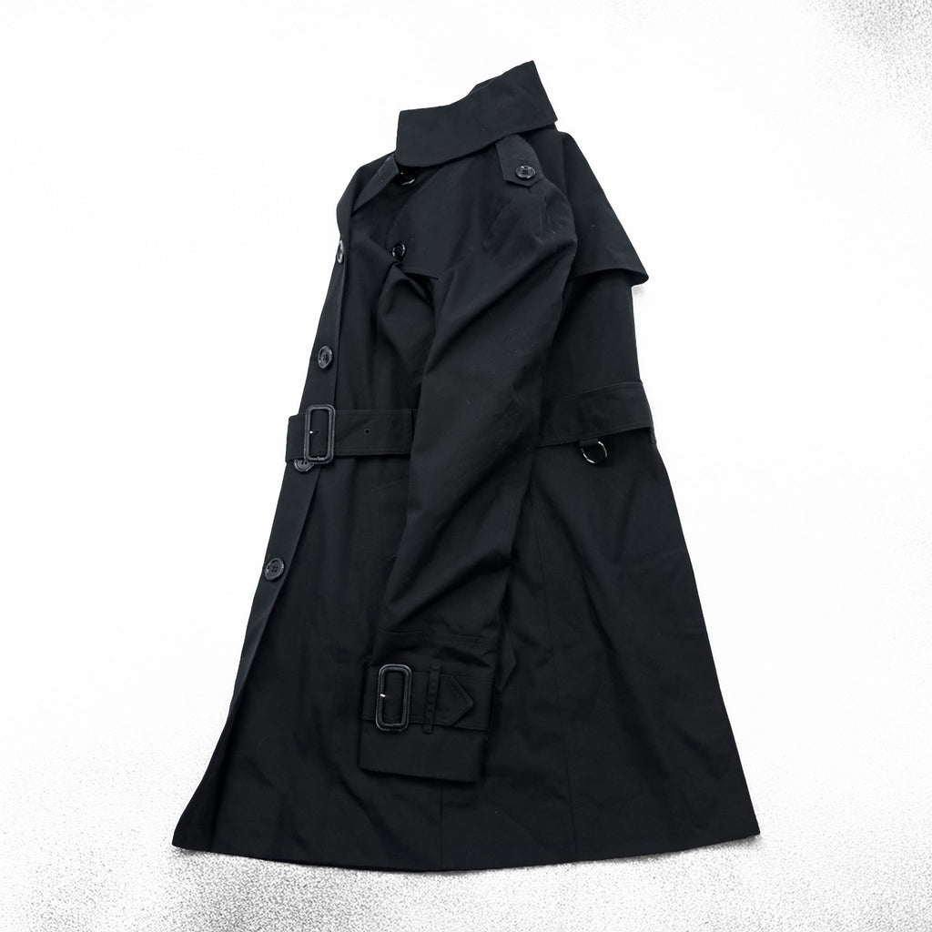 BURBERRY Made in England Trench Coat, Size S, Black, with Belt and Epaulets, Checked Lining