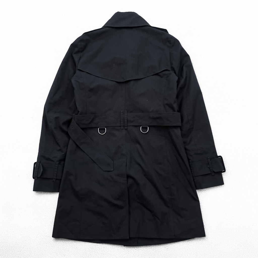 BURBERRY Made in England Trench Coat, Size S, Black, with Belt and Epaulets, Checked Lining