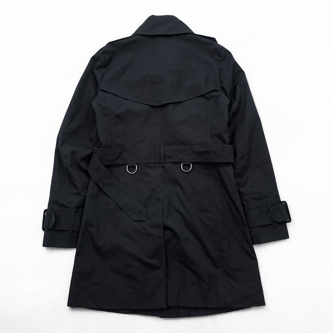 BURBERRY Made in England Trench Coat, Size S, Black, with Belt and Epaulets, Checked Lining