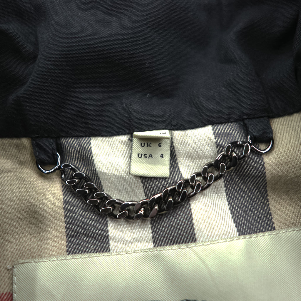 BURBERRY Made in England Trench Coat, Size S, Black, with Belt and Epaulets, Checked Lining