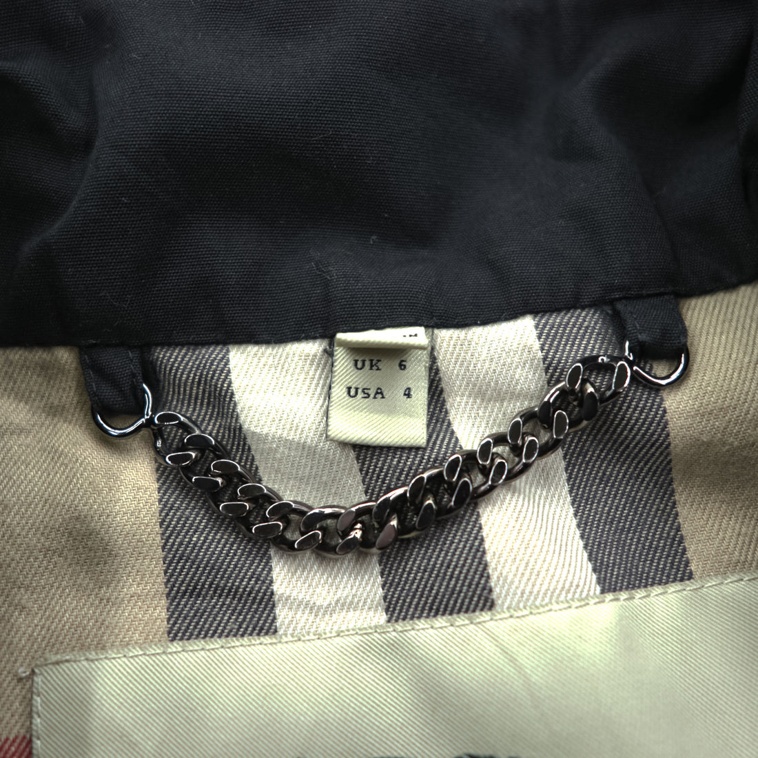 BURBERRY Made in England Trench Coat, Size S, Black, with Belt and Epaulets, Checked Lining