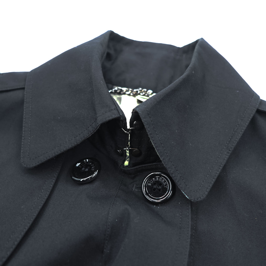 BURBERRY Made in England Trench Coat, Size S, Black, with Belt and Epaulets, Checked Lining