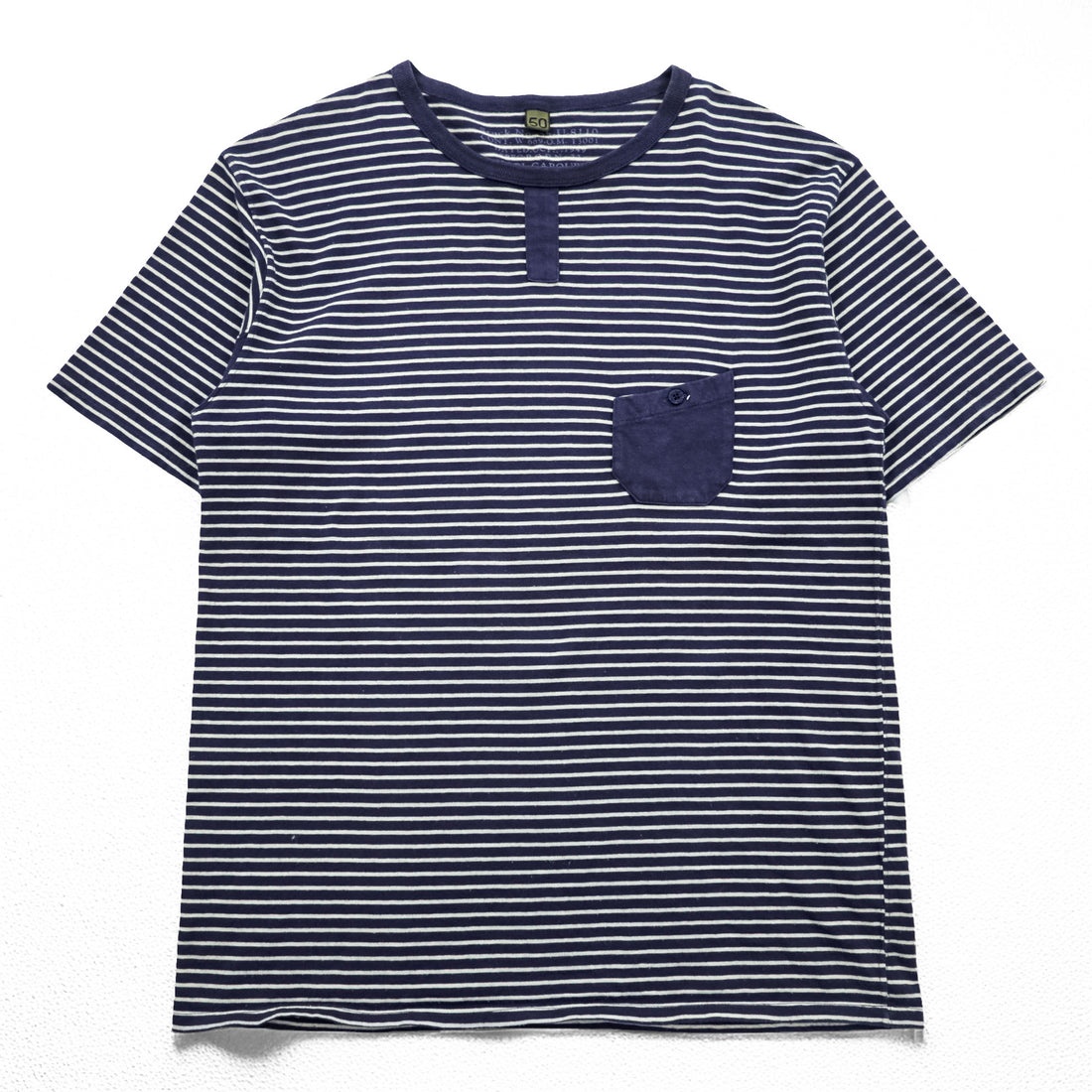 Nigel Cabourn Japan Made T-Shirt, Size L, Navy/White Striped, Chest Pocket, Wooden Buttons, 55-U-8110
