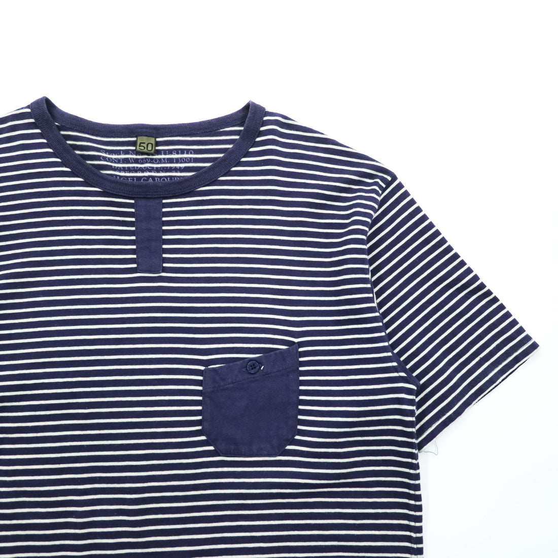 Nigel Cabourn Japan Made T-Shirt, Size L, Navy/White Striped, Chest Pocket, Wooden Buttons, 55-U-8110