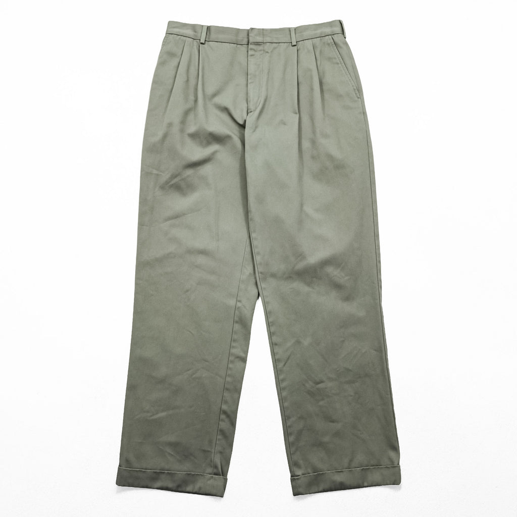 LANDS' END 2タック ワイド チノパンツ スラックス L ベージュ プリーツ ダブルカフス TRADITIONAL FIT