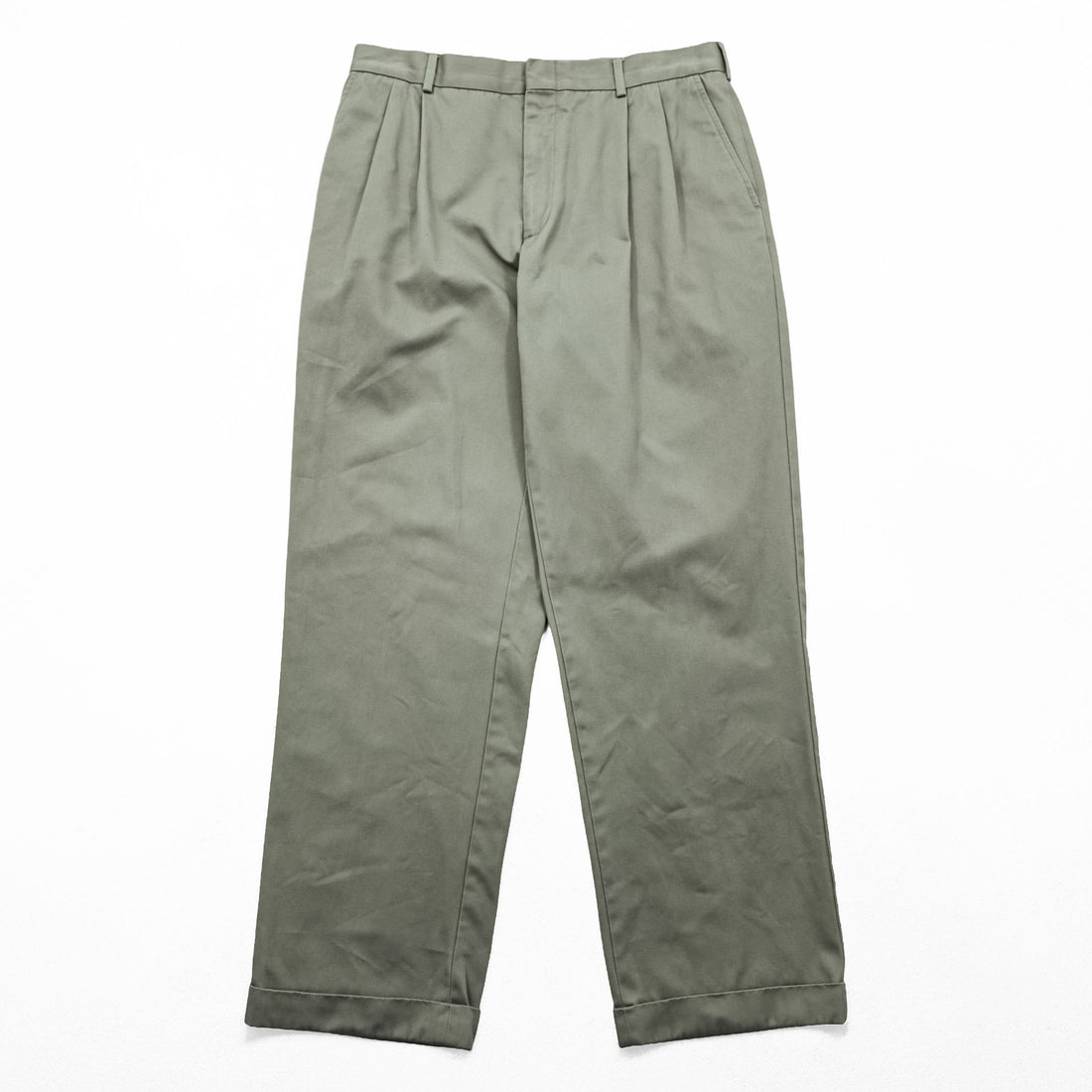 LANDS' END 2タック ワイド チノパンツ スラックス L ベージュ プリーツ ダブルカフス TRADITIONAL FIT