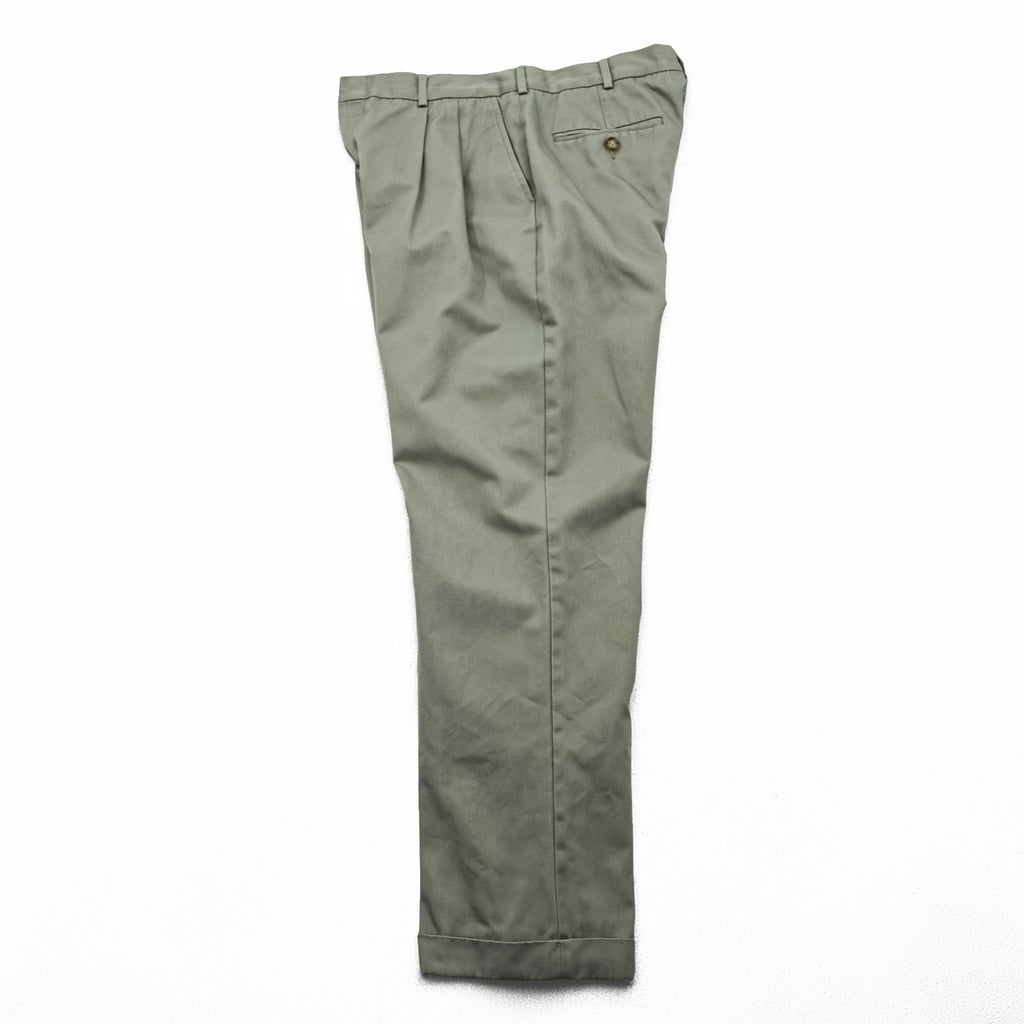 LANDS' END 2タック ワイド チノパンツ スラックス L ベージュ プリーツ ダブルカフス TRADITIONAL FIT