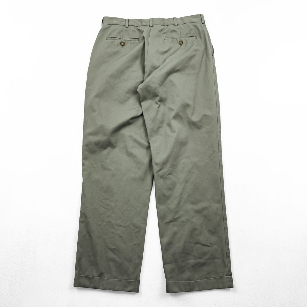 LANDS' END 2タック ワイド チノパンツ スラックス L ベージュ プリーツ ダブルカフス TRADITIONAL FIT