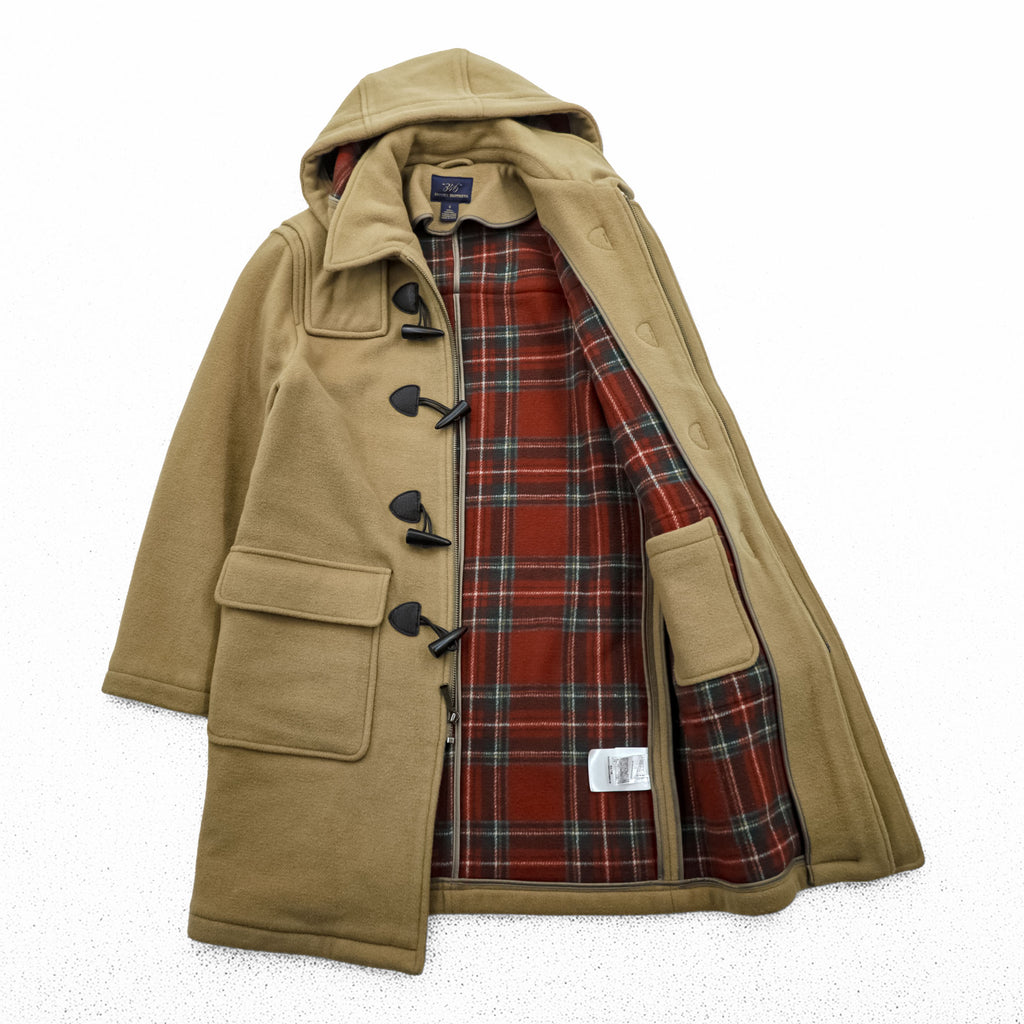Brooks Brothers 346 ジップアップ ダッフルコート 170 L メルトンウール キャメル ブラウン フード着脱 タータンチェック裏地