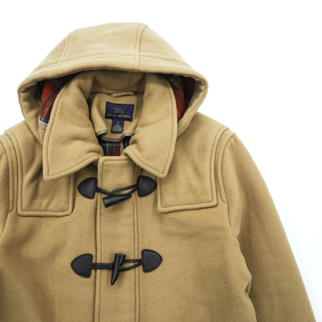 Brooks Brothers 346 ジップアップ ダッフルコート 170 L メルトンウール キャメル ブラウン フード着脱 タータンチェック裏地