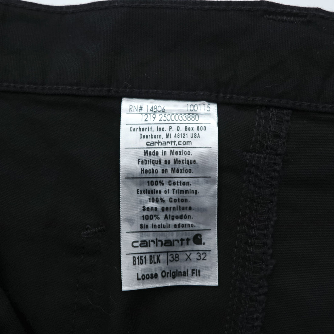 Carhartt B151 BLK Black Canvas Carpenter Work Pants Loose Original Fit Made in Mexico 38x32
