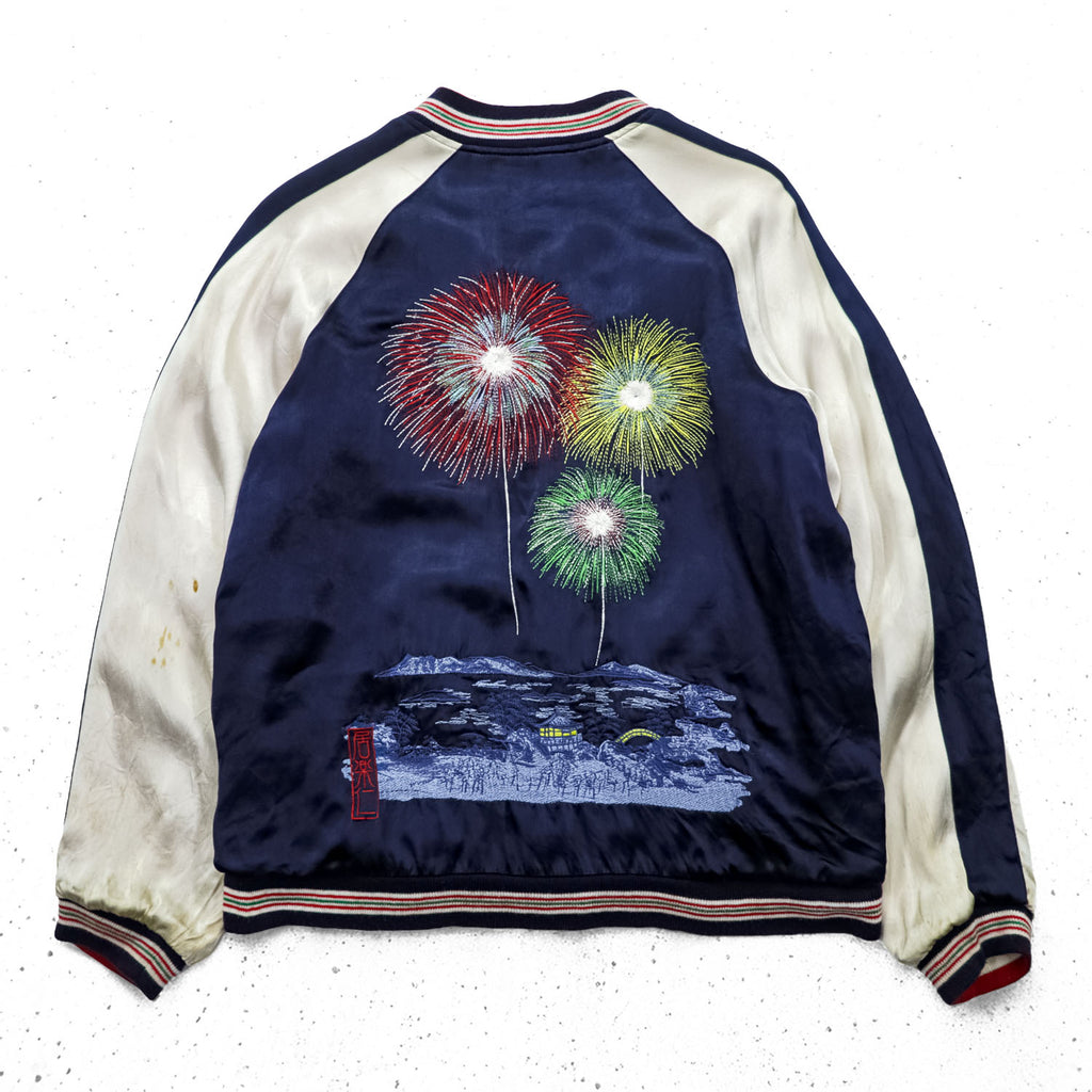 IOLANI リバーシブル スカジャン スーベニアジャケット L サテン レーヨン ネイビー ゴールド 刺繍 花火 居楽仁