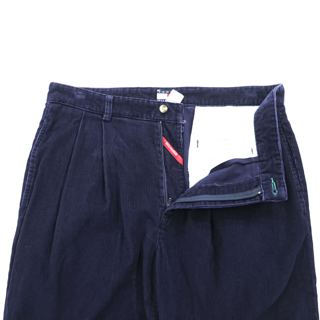 TOMMY HILFIGER 2タック ワイド チノパンツ コーデュロイ スラックス L ネイビー コットン プリーツ