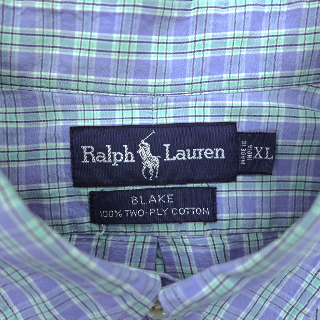 Ralph Lauren 90年代 ヴィンテージ 長袖 ボタンダウンシャツ XL ブルー チェック スモールポニー ロゴ 刺繍 BLAKE TWO-PLY COTTON