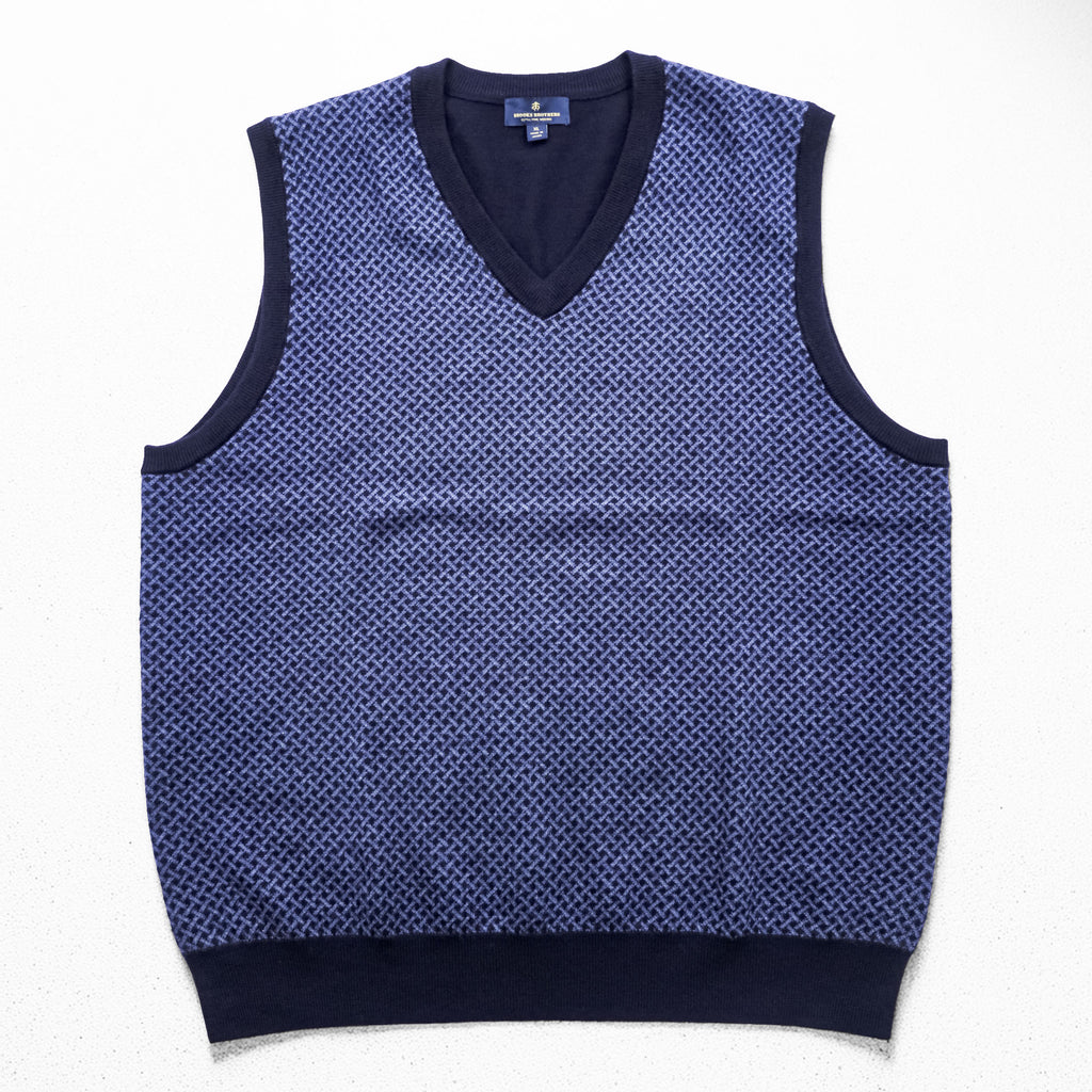 Brooks Brothers エクストラファイン メリノウール Vネック ニットベスト XL ブルー ネイビー 総柄