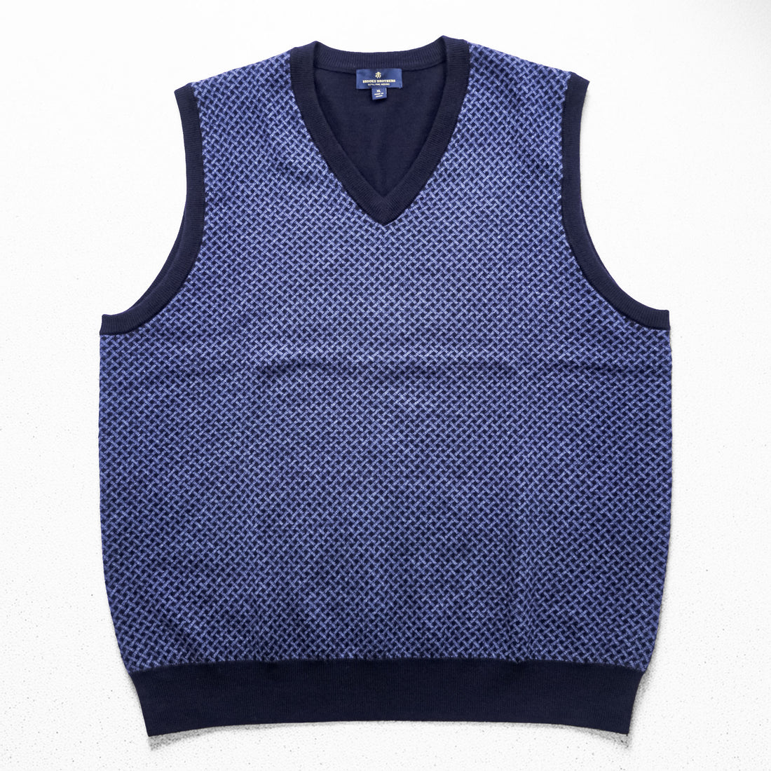 Brooks Brothers エクストラファイン メリノウール Vネック ニットベスト XL ブルー ネイビー 総柄