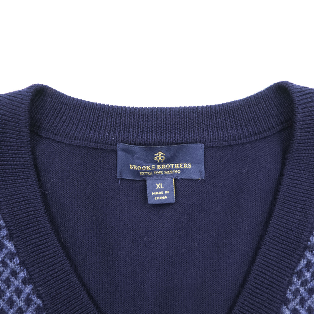 Brooks Brothers エクストラファイン メリノウール Vネック ニットベスト XL ブルー ネイビー 総柄