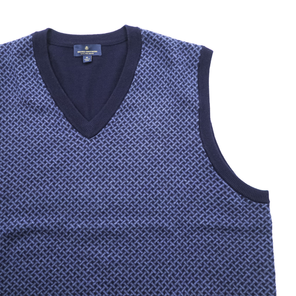 Brooks Brothers エクストラファイン メリノウール Vネック ニットベスト XL ブルー ネイビー 総柄